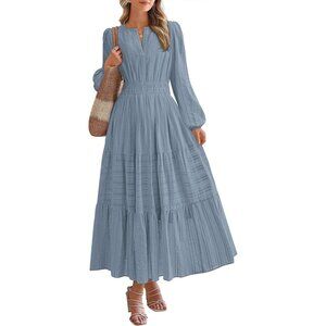Women Blue Grey Long Sleeve V Neck Elastic Waist Lightweight Maxi Dress Pockets